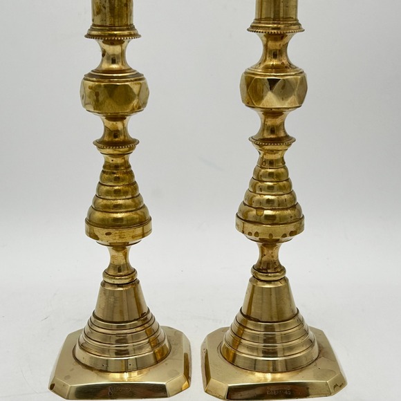 Vintage 10"Art Deco Brass Beehive Candlesticks With Pushers Etched "England" - Picture 10 of 11